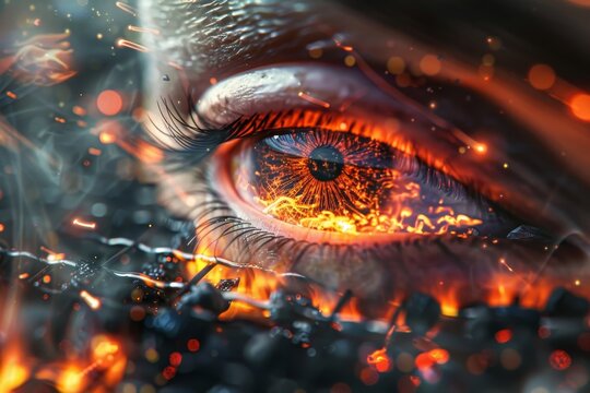 A Fiery Gaze Reflecting Glowing Embers and Flames, Capturing the Intense Drama of an Eye Amidst Chaos