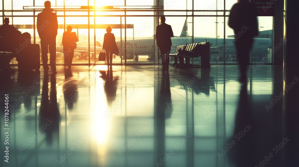 Poster Passengers are standing in an airport terminal looking through the windows at their airplane on the tarmac. The sun is setting outside, creating warm reflections on the floor