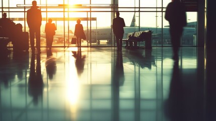 Fototapeta premium Passengers are standing in an airport terminal looking through the windows at their airplane on the tarmac. The sun is setting outside, creating warm reflections on the floor