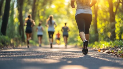 A healthy woman and her friends are running for health or wellness in the morning sunrise at park.	