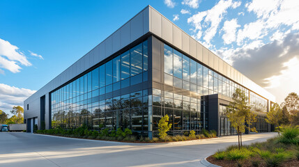 Obraz premium A large building with a lot of windows and a green area in front