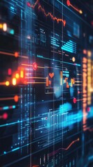 A vibrant display of data visualization on a digital screen, showcasing graphs, charts, and metrics in shades of blue and orange.