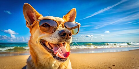 Happy Dog in Sunglasses Enjoying the Summer Sun at the Beach &ndash; A Joyful Canine Moment Captured in Candid Photography, Perfect for Pet Lovers and Beach Enthusiasts