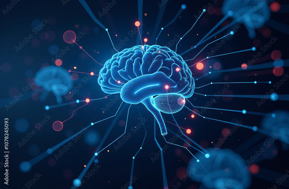 Poster digital background, tech processes, neural networks, artificial intelligence, data transfer and encr