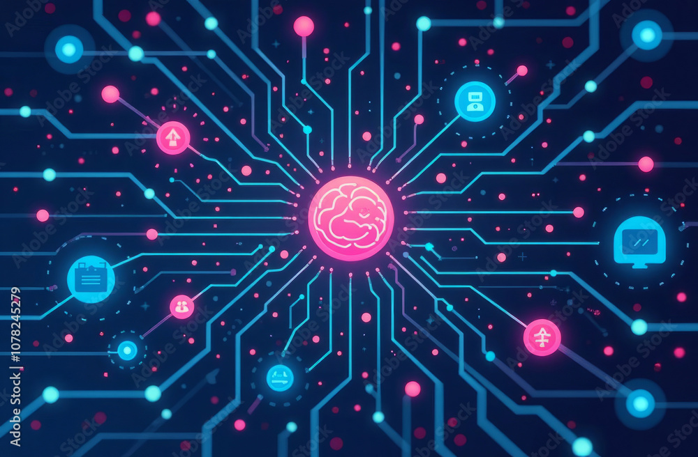 Poster digital background, tech processes, neural networks, artificial intelligence, data transfer and encr