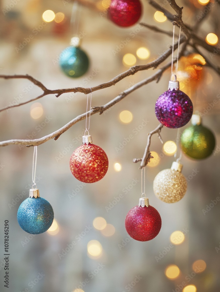 Aufkleber Brightly colored ornaments dangle from a branch, surrounded by sparkling lights, creating a joyful atmosphere for the holidays. Generative AI