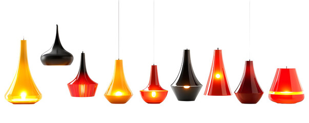 Fototapeta premium Collection of hanging light fixtures with different colors and styles, isolated on transparent background.