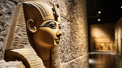 Close-up of an ancient Egyptian stone statue with a pharaoh's headdress displayed in a dimly lit museum gallery.