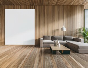 Salón minimalista de estilo escandinavo con tonos neutros de madera con una pantalla mock up en blanco, sofa de color claro, diseño de interiores, arquitectura, casa © Michelle