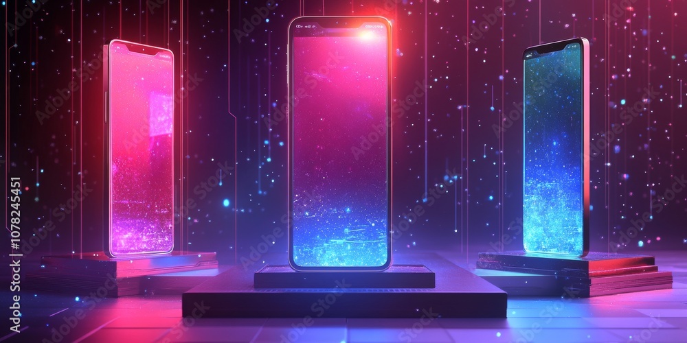 Poster imagine a future with holographic displays and floating 3d phones. the user interface is sleek and m