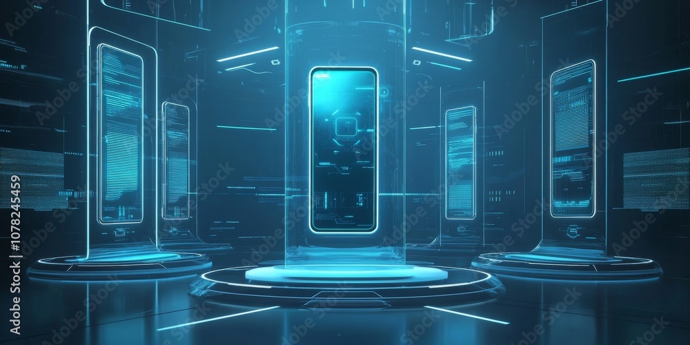 Poster imagine a future with holographic displays and floating 3d phones. the user interface is sleek and m