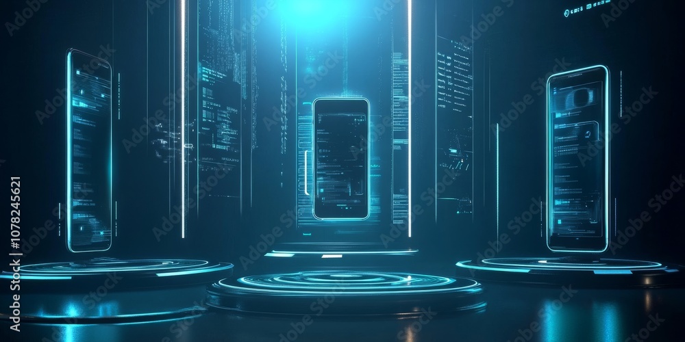 Aufkleber imagine a future with holographic displays and floating 3d phones. the user interface is sleek and m