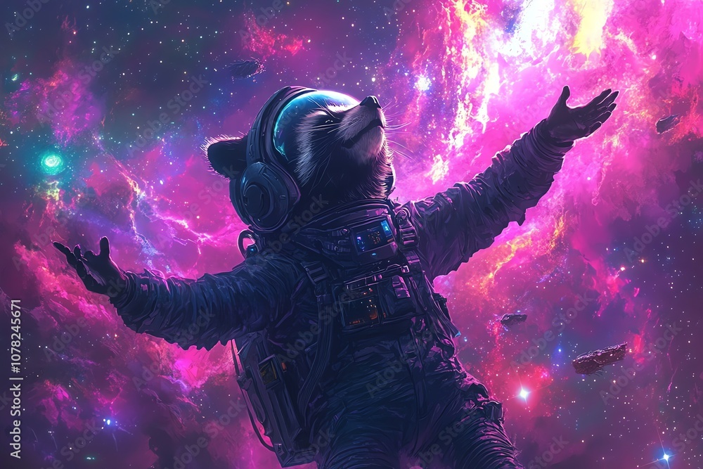 Poster a raccoon astronaut wearing a spacesuit and headset with arms outstretched, floating in space, surro