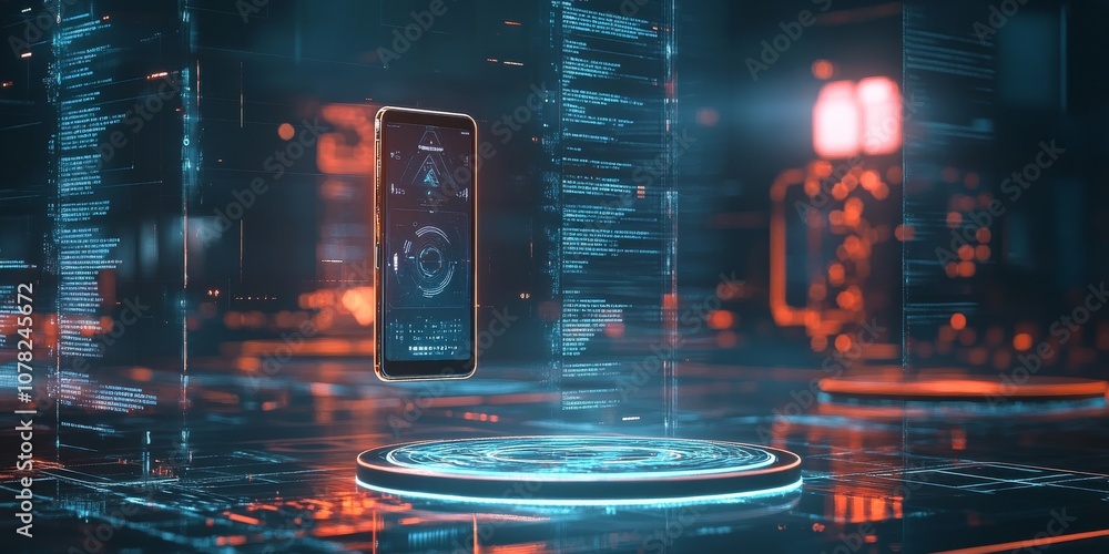 Aufkleber imagine a future with holographic displays and floating 3d phones. the user interface is sleek and m