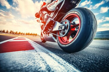 A motorcyclist speeds around a race track, with the rear tire in focus, leaving a red stripe in the background.