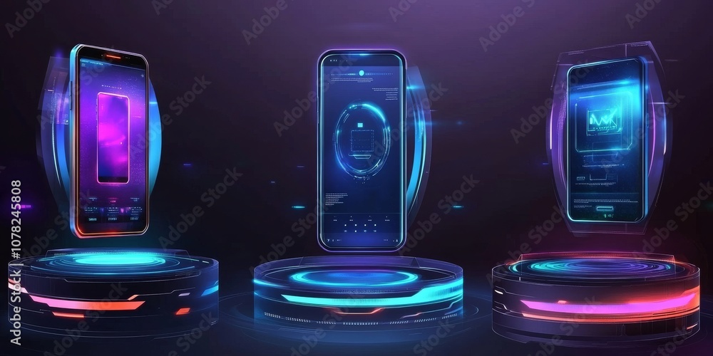 Aufkleber imagine a future with holographic displays and floating 3d phones. the user interface is sleek and m