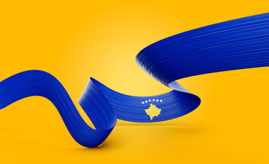 3d Flag Of Kosovo 3d Wavy Shiny Kosovo Ribbon Flag Isolated On Yellow Background 3d Illustration