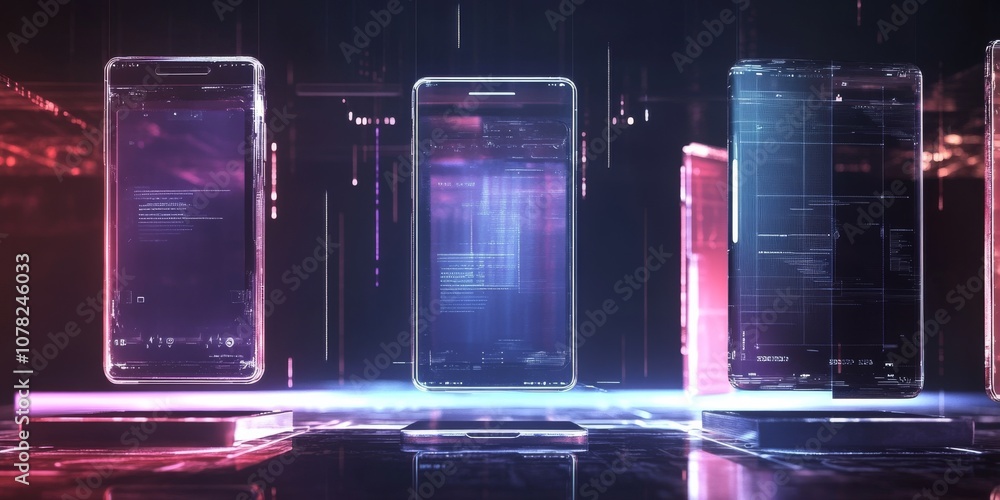 Aufkleber imagine a future with holographic displays and floating 3d phones. the user interface is sleek and m