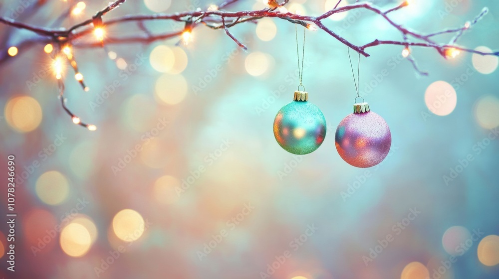 Poster brightly colored christmas ornaments dangle from a branch, creating a joyful and festive atmosphere 