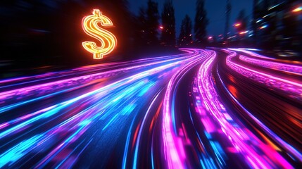 Time Is money, Trail digital data highway, a neon dollar sign flashes 