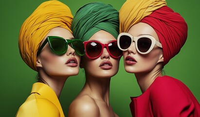 Three fashion models wearing red, green, and yellow turbans with sunglasses on a green background.