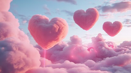 Fototapeta premium Dreamy Heart-Shaped Clouds Floating in Pink Sky