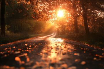 Fototapeta premium A road with leaves on the ground and a sun shining on it