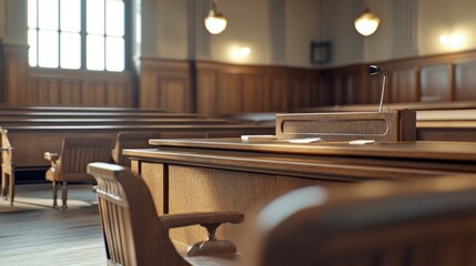 Interior of a courtroom with wooden furnishings and a judge's bench.