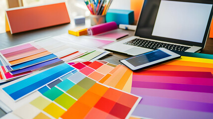 Obraz premium A desk with a laptop, tablet, and color swatches.