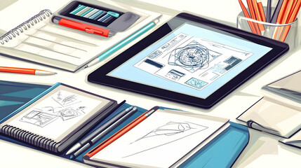 A flat lay of a designer's workspace with a tablet, pencils, sketchbooks and a smartphone.