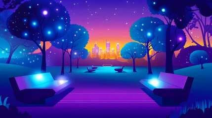 Obraz premium A glowing park at night with benches, trees, and a city skyline in the distance.