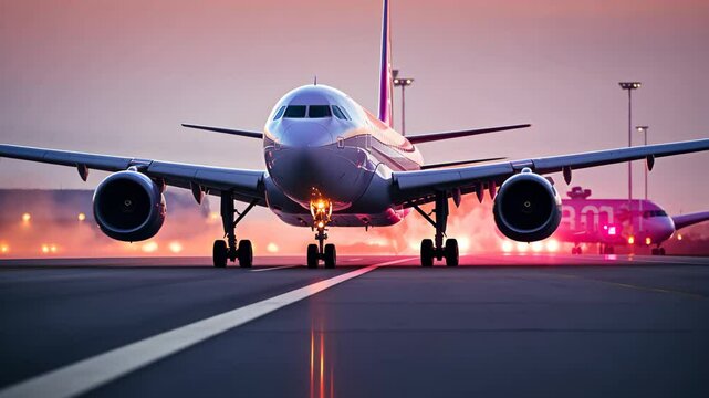 Commercial Passenger Airplane Taking Off Landing in Airport at Sunset Sunrise with Blurred Bokeh Lights Background