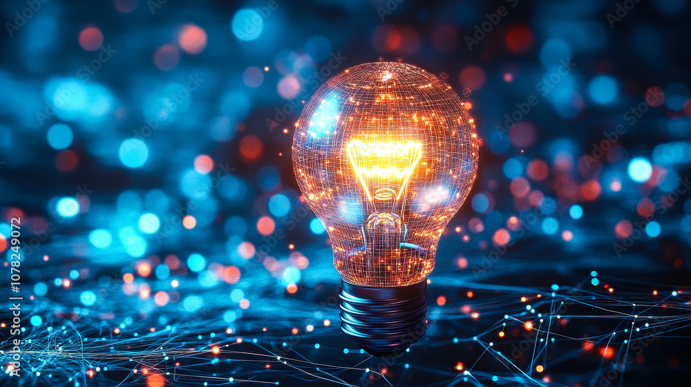Poster blue digital light bulb with glowing data streams representing ai innovation in science and technolo