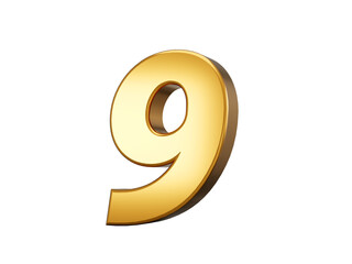 Golden metallic Number 9 nine, White background 3d illustration
