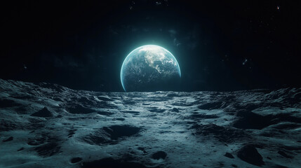 Earthrise Seen from the Moon's Surface in Space