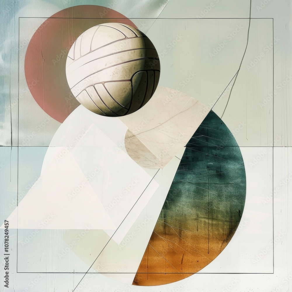Poster abstract composition with geometric shapes and soft colors, featuring circular forms and textured el