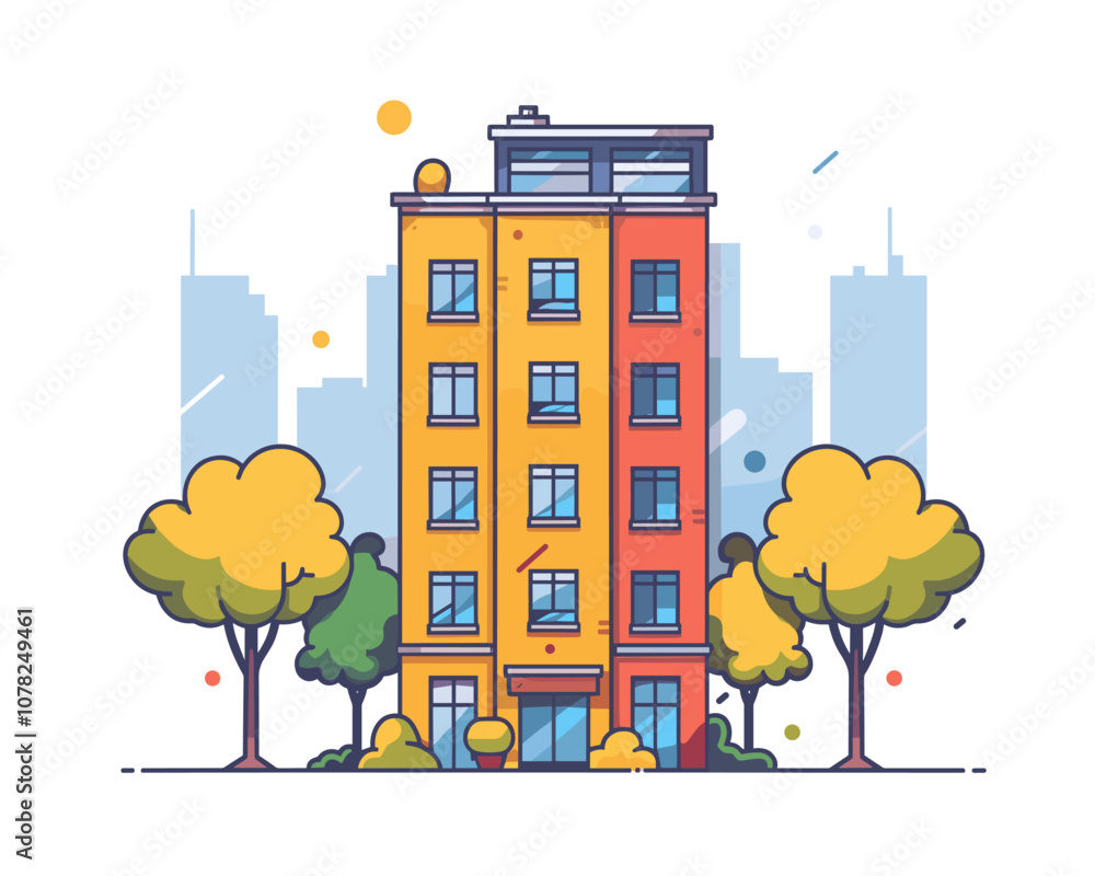 Poster tall yellow and red building with a green tree in front of it. the building is surrounded by a citys