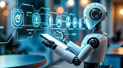  Humanoid Robot Using Tablet, Artificial Intelligence and Future Technology Concept. AI, Robotics, Automation and Innovation in Modern World.