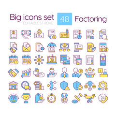 Factoring RGB color icons set. Invoicing, payment collection, funding, credit protection, and customer service. Isolated vector illustrations. Simple filled line drawings collection. Editable stroke