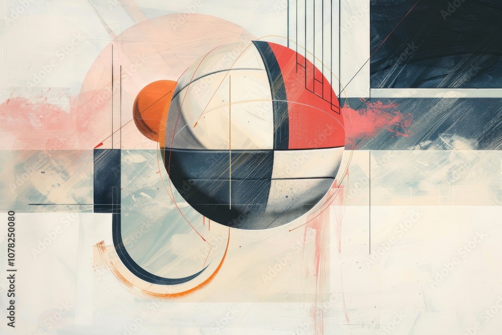Poster abstract geometric composition featuring vibrant circular forms and dynamic lines in a blend of warm