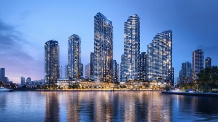 Fototapeta premium Modern skyscrapers along the waterfront at dusk.