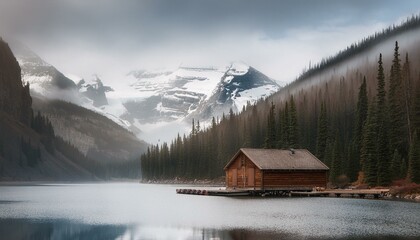 Fototapeta premium Cabin in the mountains on forest lake