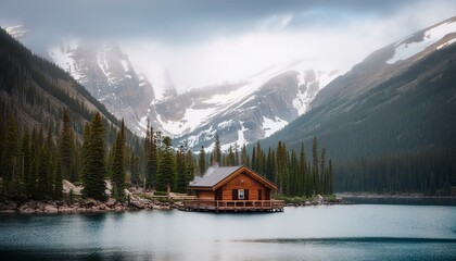 Fototapeta premium Cabin in the mountains on forest lake