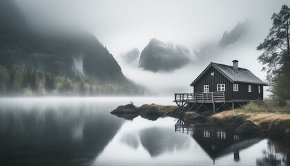 Fototapeta premium Cabin in the mountains on forest lake