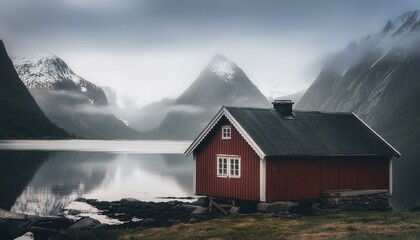 Fototapeta premium Cabin in the mountains on forest lake