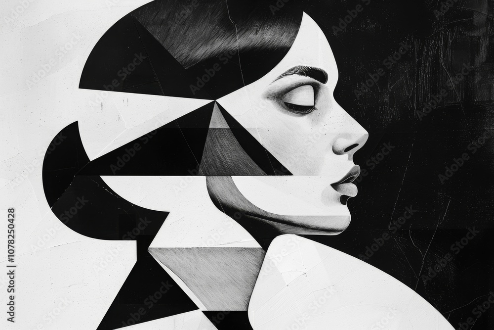 Poster abstract monochrome portrait: artistic representation of a womans profile with geometric shapes and 