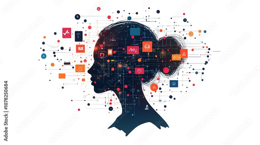 Poster a human silhouette with layers of floating privacy settings displaying data and icons