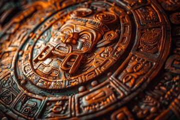 Aztec Calendar Stone Intricately Carved With Ancient Symbols Displayed on a Textured Background Highlighting Its Historical Significance