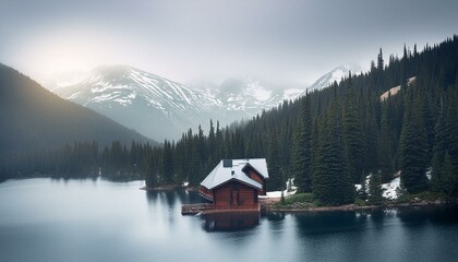 Fototapeta premium Cabin in the mountains on forest lake