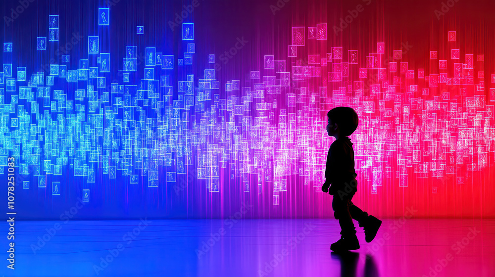 Poster child exploring vibrant virtual timeline with colorful images. silhouette contrasts against dynamic 